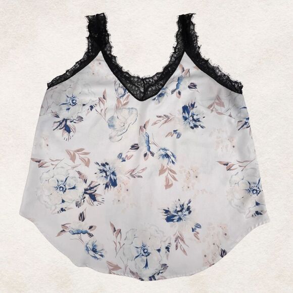 Cami XL Blue Pink Floral Lace Trim Edge Boho V Neck Romantic Lightweight Blouse - Picture 5 of 8